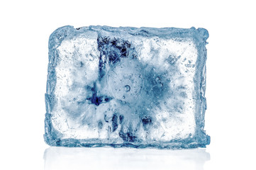 Blue ice cube close up isolated on white background