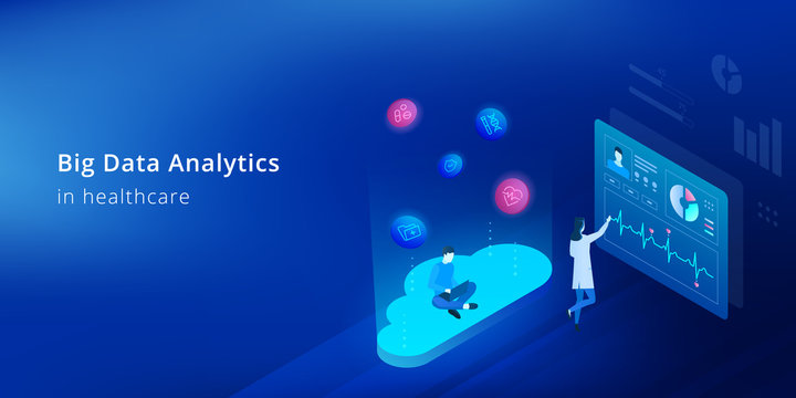 Big Data Analytics In Healthcare - Isometric Biotechnology Concept. The Developer Works With Big Data In Medicine.