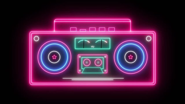 Party retro design stereo radio recorder and cassette player, with animated neon lights and speakers, on a black background. Seamless loop, 4K