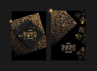 2020 Happy New Year greeting cards set, vector illustration. Luxury new year cards, golden glitter halftone pattern, black present boxes, sparkles and 2020 letters text, celebration graphic design.