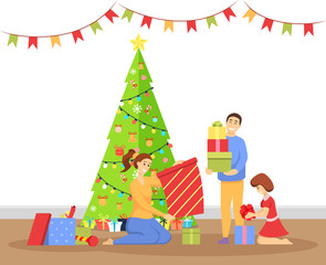 Christmas celebration vector, father and mother with kids unpacking gifts. Pine tree with baubles and garlands decoration. Flag hanging by ceiling. Man and woman with child holding present flat style