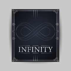 Card withInfinity symbol logo illustration. Vector endless object. Beautiful, unique concept design. Abstract Unreal loop template isolated on background. Unlimited virtual outline ring line art 