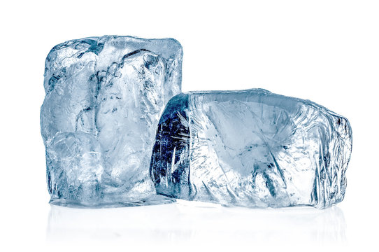 Two ice cubes close up on white background