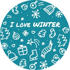 Hand drawn marker winter elements. seasonal poster placed in a circle