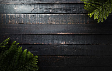 Christmas tree branches on dark wooden background  with copy space. Flat lay