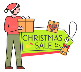 Christmas sale and reduction of price vector. Man holding present and wearing santa claus hat. Celebration of xmas, buying gifts. Seasonal promotion for shoppers and clients of stores and shops