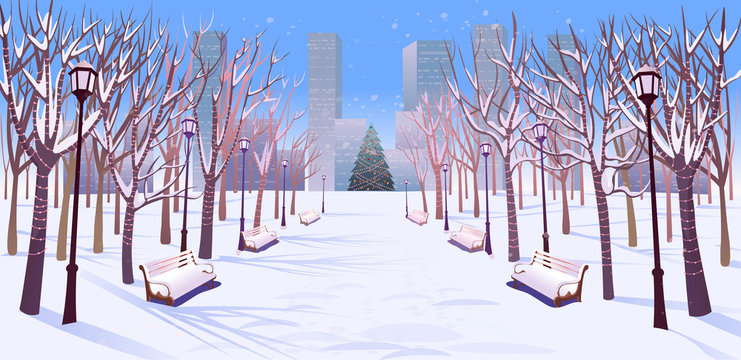 Panorama road over the winter park with benches, trees, lanterns and a garland day light. Vector illustration of winter city street in cartoon style.