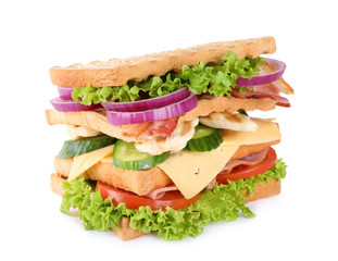Tasty sandwich with chicken, ham and bacon isolated on white