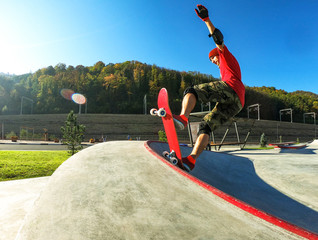 Young skateboarder making tricks on skateboard in skatepark © lilkin