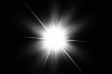 White glowing light explodes on a transparent background. Sparkling magical dust particles. Bright Star. Transparent shining sun, bright flash. Vector sparkles. To center a bright flash - obrazy, fototapety, plakaty