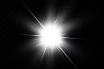 Fotobehang White glowing light explodes on a transparent background. Sparkling magical dust particles. Bright Star. Transparent shining sun, bright flash. Vector sparkles. To center a bright flash © blagorodez