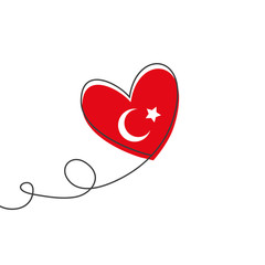 Heart shaped balloon in continuous drawing lines and glitch red heart in a flat style in continuous drawing lines and Turkish flag. Continuous black line. The work of flat design. Symbol of love and