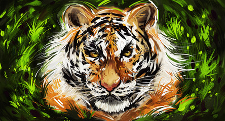 Colorful portrait of a tiger, painted art.