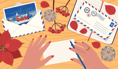 A Woman writing by hand in a notebook. A Concept of letter mailing, greeting card for friends, a to-do list, a wish list. Vector illustration in a flat cartoon style.