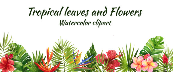 Fototapeta na wymiar watercolor frame with tropical flowers and leaves, handmade drawing, decoupage, postcard creation