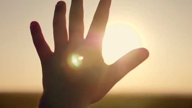 Female hand close-up at sunset. Sun rays through fingers