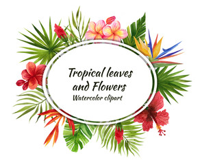 watercolor frame with tropical flowers and leaves, handmade drawing, decoupage, postcard creation