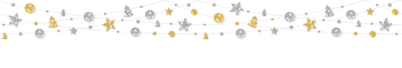 Vector seamless decoration. Gold and silver ornaments on white background.