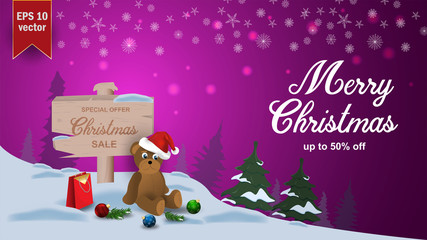 Special offer Christmas sale up to fifty percent off pink discount banner with garland bear in Santa hat sits next to wooden signpost