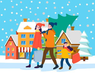 Obraz na płótnie Canvas Mother, father and daughter going home together. Man hold fir tree on shoulder. People preparing for winter holidays. Landscape with buildings on background. Christmas preparation vector greeting card