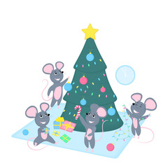 Obraz na płótnie Canvas Funny cartoon rats decorate the Christmas tree. Preparation for the 2020 Chinese New year. Cute smiling mice with gifts, garland, holiday balls. Greeting card for winter celebrations.