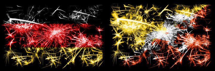 Germany, German vs Bhutan, Bhutanese New Year celebration travel sparkling fireworks flags concept background. Combination of two abstract states flags.