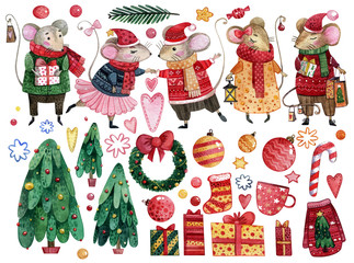 Set of watercolor hand drawn christmas elements for making cards, wrapping paper and scrapbooking. New Year's mice, Christmas trees, stars, hearts, candies and snowflakes for your own design. 