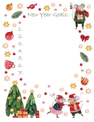Watercolor Christmas goals for the year of the mouse. Hand drawn illustrations of Christmas trees, toys, sweets, stars, bows for personal design with a list of goals. 