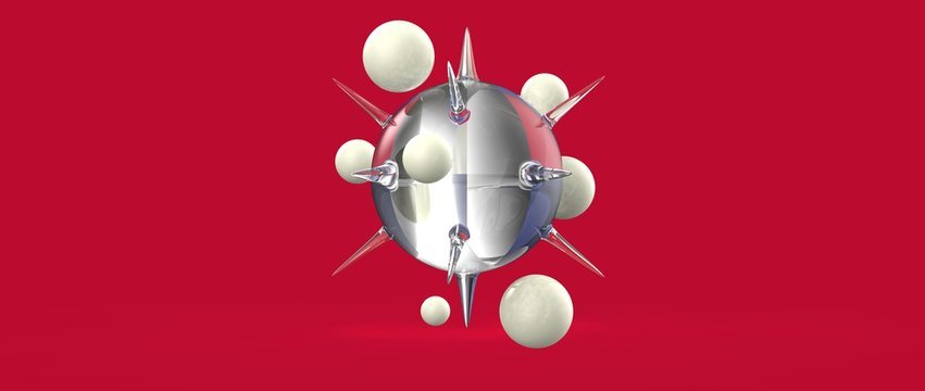 Dise&ntilde;o de esferas con espinas y burbujas flotantes. Ilustraci&oacute;n 3d de figuras geom&eacute;tricas abstractas, materiales pl&aacute;sticos y vidrio transparente. Fondo tridimensional realista
