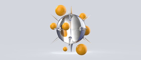 Diseño de esferas con espinas y burbujas flotantes. Ilustración 3d de figuras geométricas...