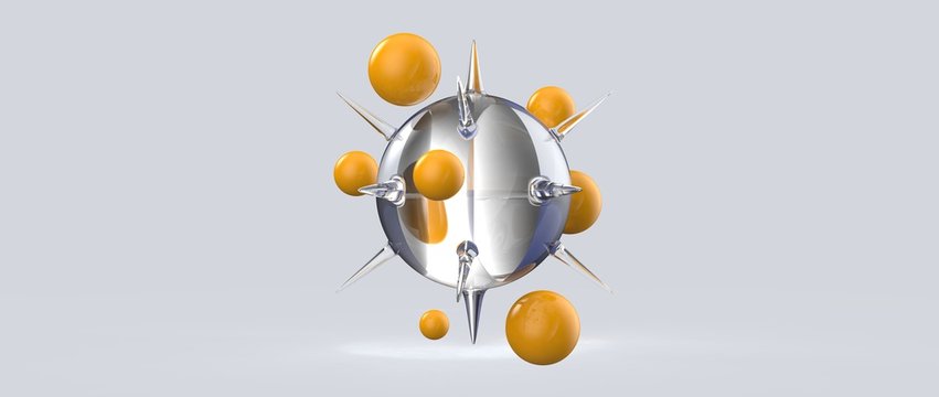 Dise&ntilde;o de esferas con espinas y burbujas flotantes. Ilustraci&oacute;n 3d de figuras geom&eacute;tricas abstractas, materiales pl&aacute;sticos y vidrio transparente. Fondo tridimensional realista