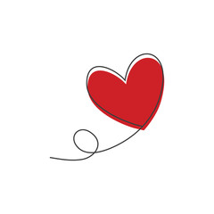 Heart shaped balloon in continuous drawing lines and glitch red heart in a flat style in continuous drawing lines. Continuous black line. The work of flat design. Symbol of love and tenderness