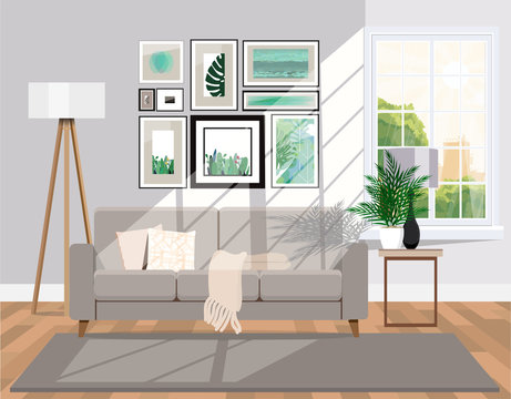 Sunlit room with furniture. Vector apartment background.