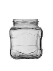 Empty glass jar without lid. Isolated on white background.