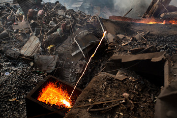 Blast Furnace - Pouring molten steel in foundry at Demra, Dhaka, Bangladesh.