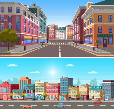 City street with buildings and infrastructure vector. Homes and houses placed in row. Cars on roads in urban area. Old and modern construction in city. 3d town with pedestrian crossings and trees