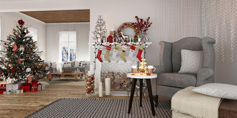 New year tree in scandinavian style interior with christmas decoration	