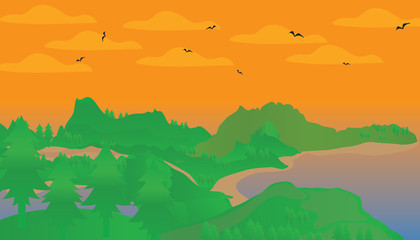 Flat Vector Mountain Landscape Near The Lake. Flat Vector Illustration. Flat Design Background. Web vector illustration.