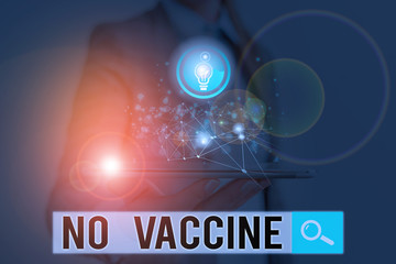 Word writing text No Vaccine. Business photo showcasing not provided of immunity against one or several diseases