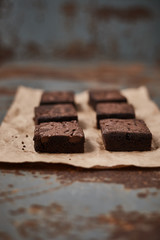 A piece of homemade chocolate brownies, sweet and dessert..