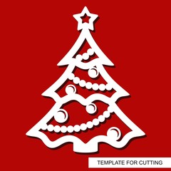 New years decoration - Christmas tree with star, balls and garlands. Template for laser cutting, wood carving, paper cut and printing. Vector illustration. 