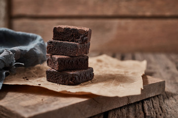 A piece of homemade chocolate brownies, sweet and dessert..