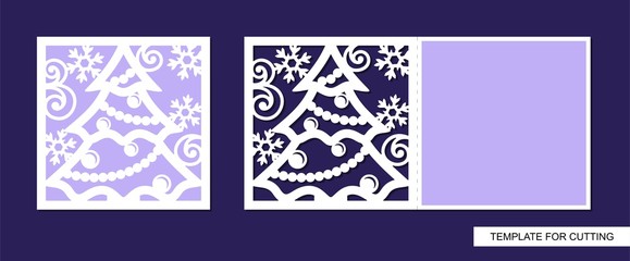 Silhouette of greeting card with christmas tree, balls, garlands and snowflakes. New years template for laser cutting, die or paper cut. Vector illustration.
