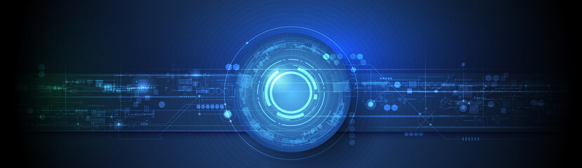 Vector banner design circuit board with circle. Illustration Abstract modern futuristic, engineering, science, technology background. Hi tech digital connect, communication, high technology concept