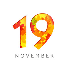 19 th of November calendar numbers. 19 years old autumn logotype. Anniversary digits with leaves. Isolated abstract graphic design template. White background. Up to 19% percent off creative discount.
