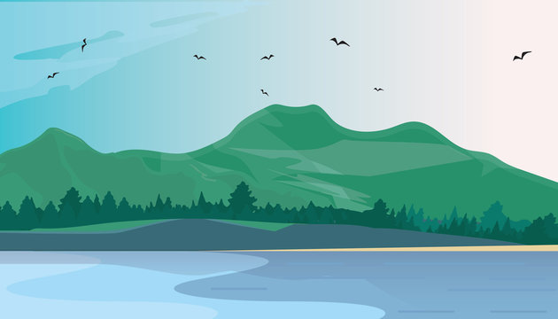 Flat Vector Mountain Landscape Near The Lake. Flat Vector Illustration. Flat Design Background. Web vector illustration.