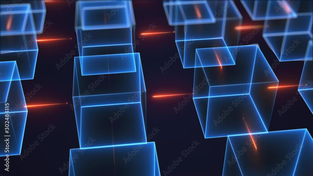 Poster connection structure of many neon cubes. computer generated abstract isometric background, 3d render
