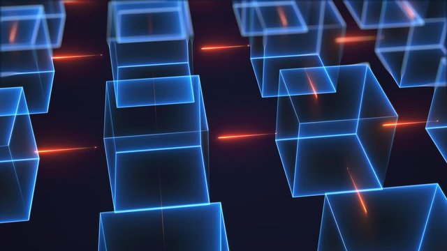 Connection structure of many neon cubes. Computer generated abstract isometric background, 3d rendering