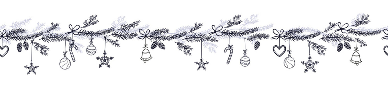 Cute hand drawn horizontal seamless pattern with fir branches and hanging decoration, great for christmas banners, wallpapers, wrapping, textiles - vector design