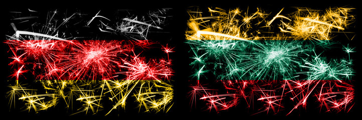 Germany, German vs Lithuania, Lithuanian New Year celebration travel sparkling fireworks flags concept background. Combination of two abstract states flags.